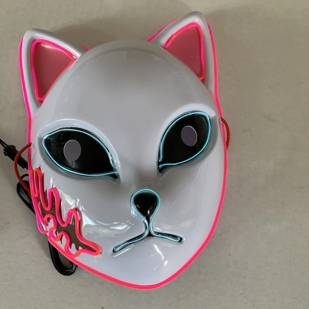 Anime Demon Slayer LED Light up Mask White W Pink And Blue Light Halloween